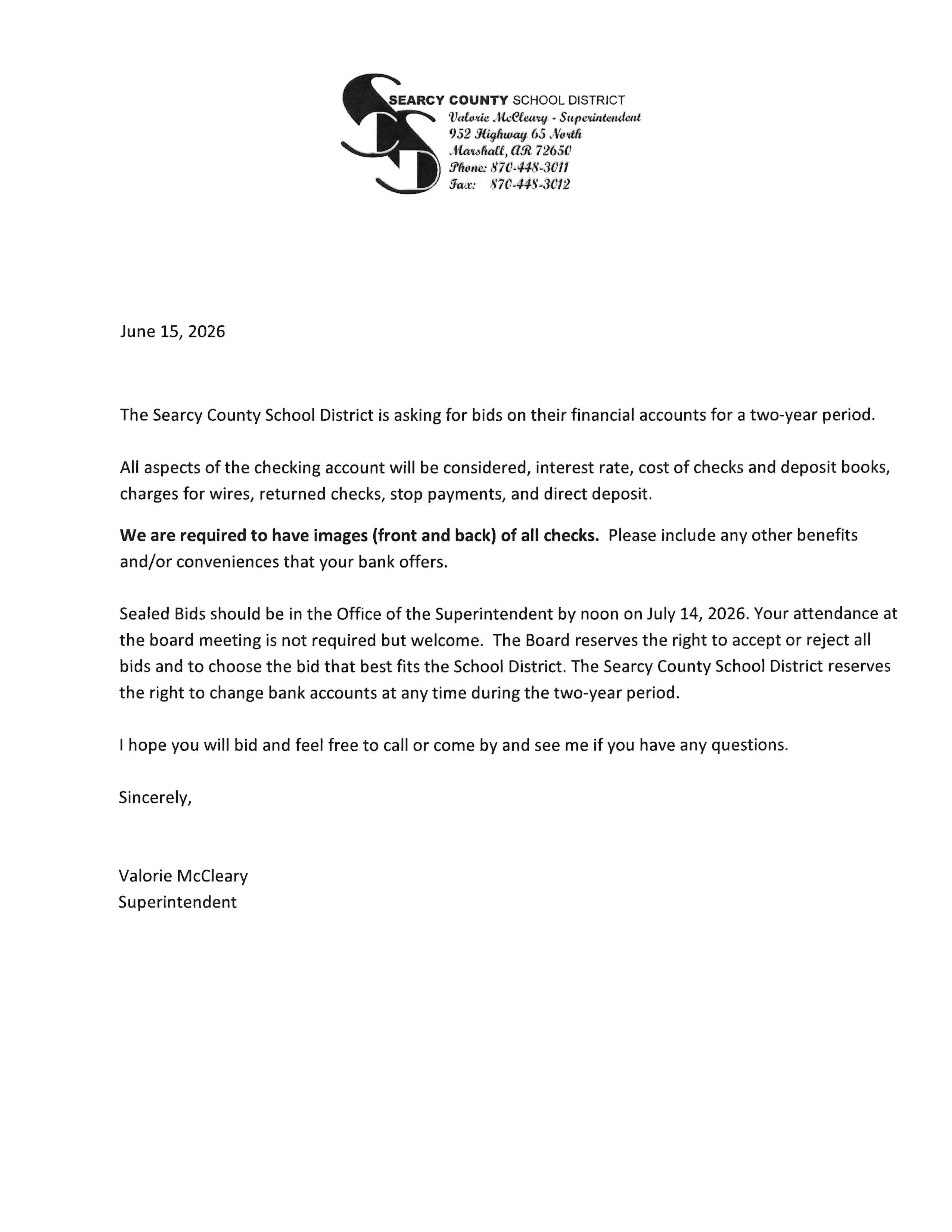 SCSD is accepting bids for financial accounts
